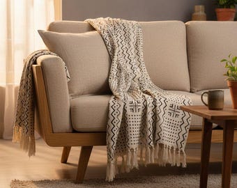 Handwoven Mudcloth Throw Blanket, 100% Cotton, Boho Home Decor