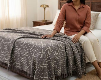 Dark Gray Hand Loomed Cotton Throw Blanket – Boho Tribal Block Print Sofas Cover