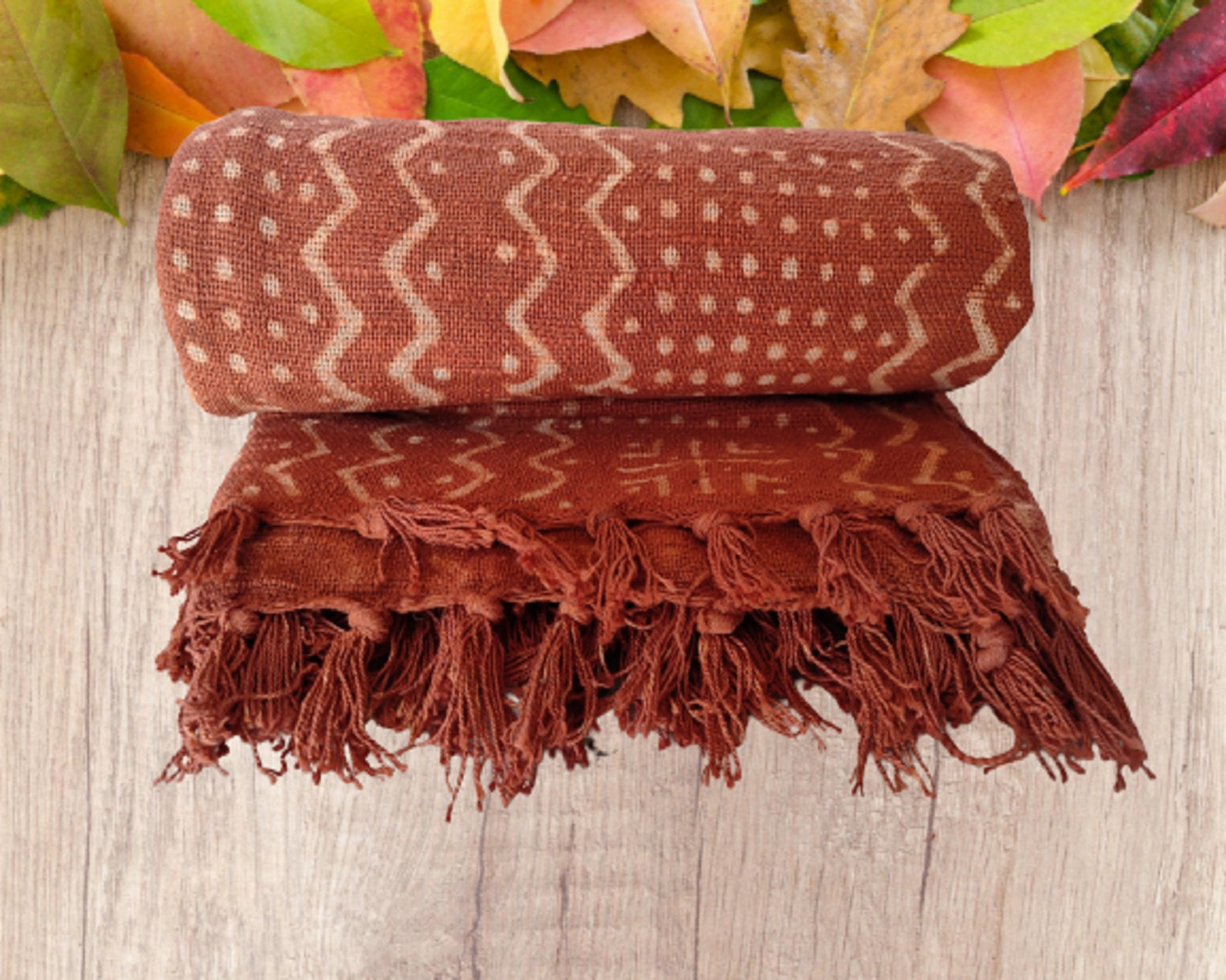 Rust Mudcloth, Cotton Woven Throw Blanket With Tassels, Bohemian Throw