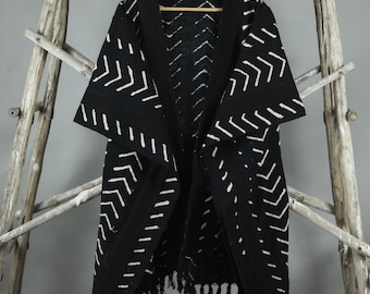 Mudcloth Fabric Clothing, Throw Blanket Jacket, African Textile Wrap, Coat with Tassels,Boho Kimono for Women,Unique Tops for her,Gypsy Robe