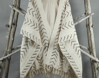 Mudcloth Fabric Clothing, Throw Blanket Jacket, African Textile Wrap, Coat with Tassels,Boho Kimono for Women,Unique Tops for her,Gypsy Robe