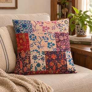 Bohemian 16x16 Cotton Kantha Cushion Cover Handcrafted Indian Patchwork Decorative Pillow For Couch Sofa