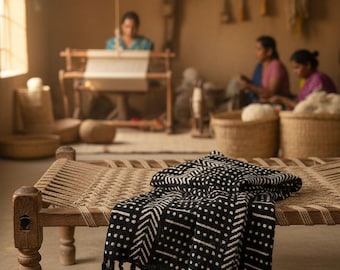 Hand Block Printed Black Cotton Throw Blanket With Tassels, Boho Bedspread Couch Cover