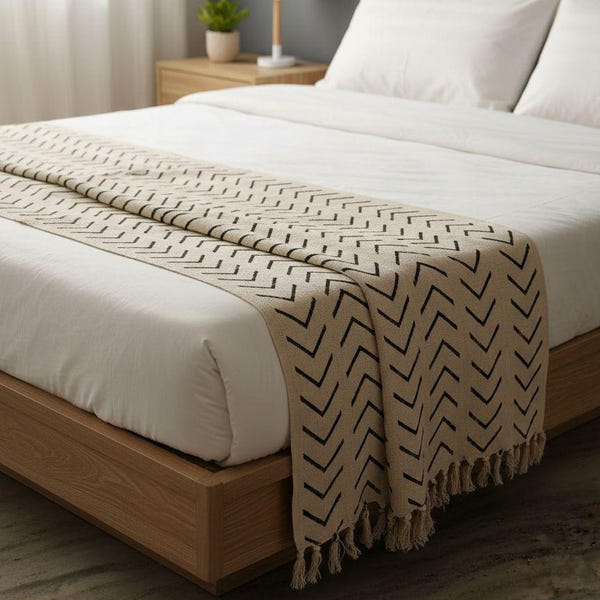 Hand Block Print Cotton Blanket Throw with Tassels, Hand Dyed Bed Runner
