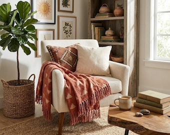 Rust Mudcloth Woven Throw Blanket, Bohemian Cotton Tassels (120x170 Cms)