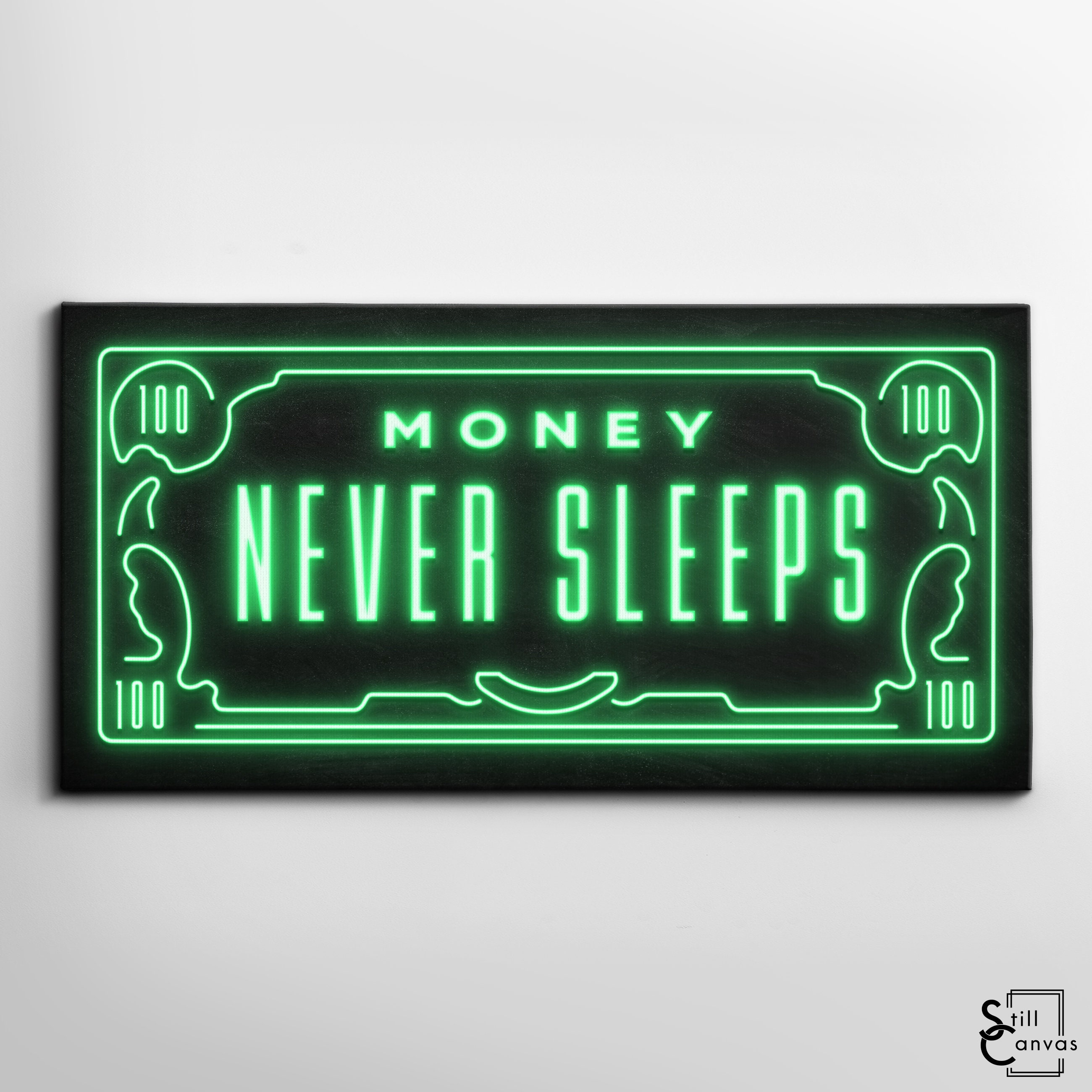 MOTIVATIONAL CANVAS ART Money Never Sleeps Neon Glow Style | Etsy