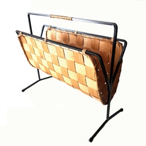 Rare newspaper rack with metal frame and rattan weave from the 70s