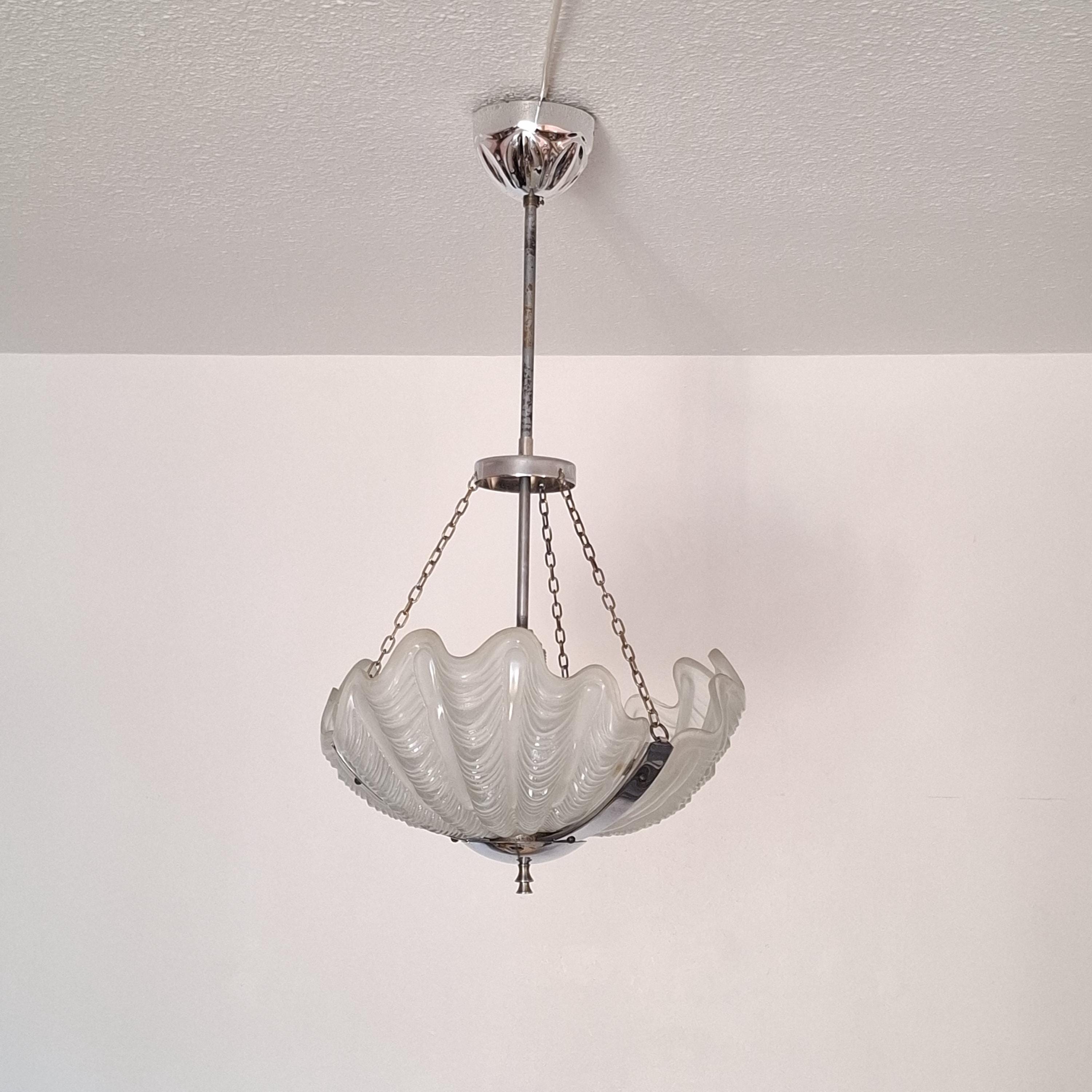 Splendide Lustre Art Déco Georges Leleu à 6 Plaques Et 3 Tul