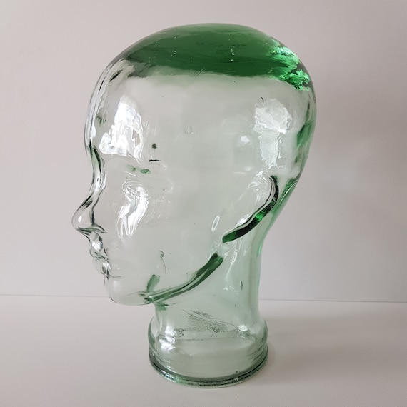 Vintage Glass Mannequin Head, 1970s Green Glass dress form head hat