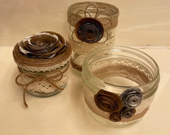 Flor de papel Jarra decorativa de albañil, Jarra de vidrio de encaje de arpillera