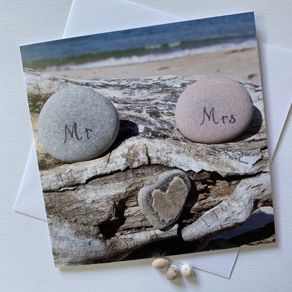 Mr & Mrs, greeting card, photograph,  beach, Findhorn, Scotland, heart, nature