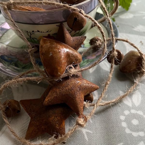 Rustic Rusty Star & Heart Garland with Bells: Tinkle Sound (with Micro Lights Option Available Now)