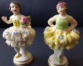 Vintage Volkstedt porcelain figures, ballet dancer in lace dress, oldest Volkstedt porcelain manufactory, Germany