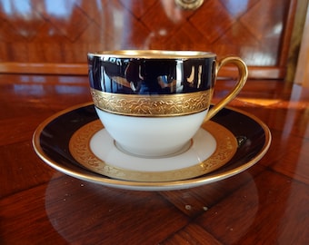 Coffee cup with saucer, cobalt blue, gold, Tirschenreuth, Bavaria