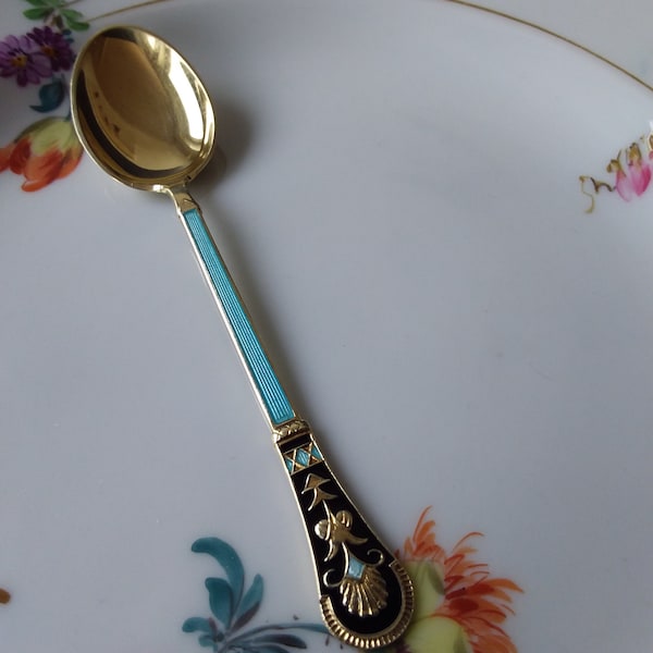 Spoon Sterling Silver, Gold Plated, Guilloche Enamel, Aksel Holmsen, Norway