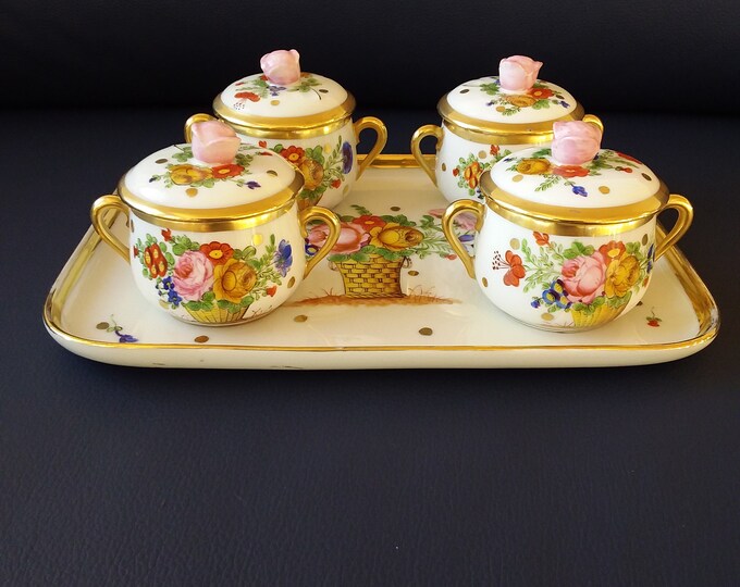 Paris Delvaux Rue Royale, 4 Pot De Cremes Cups With Tray, Handpainted