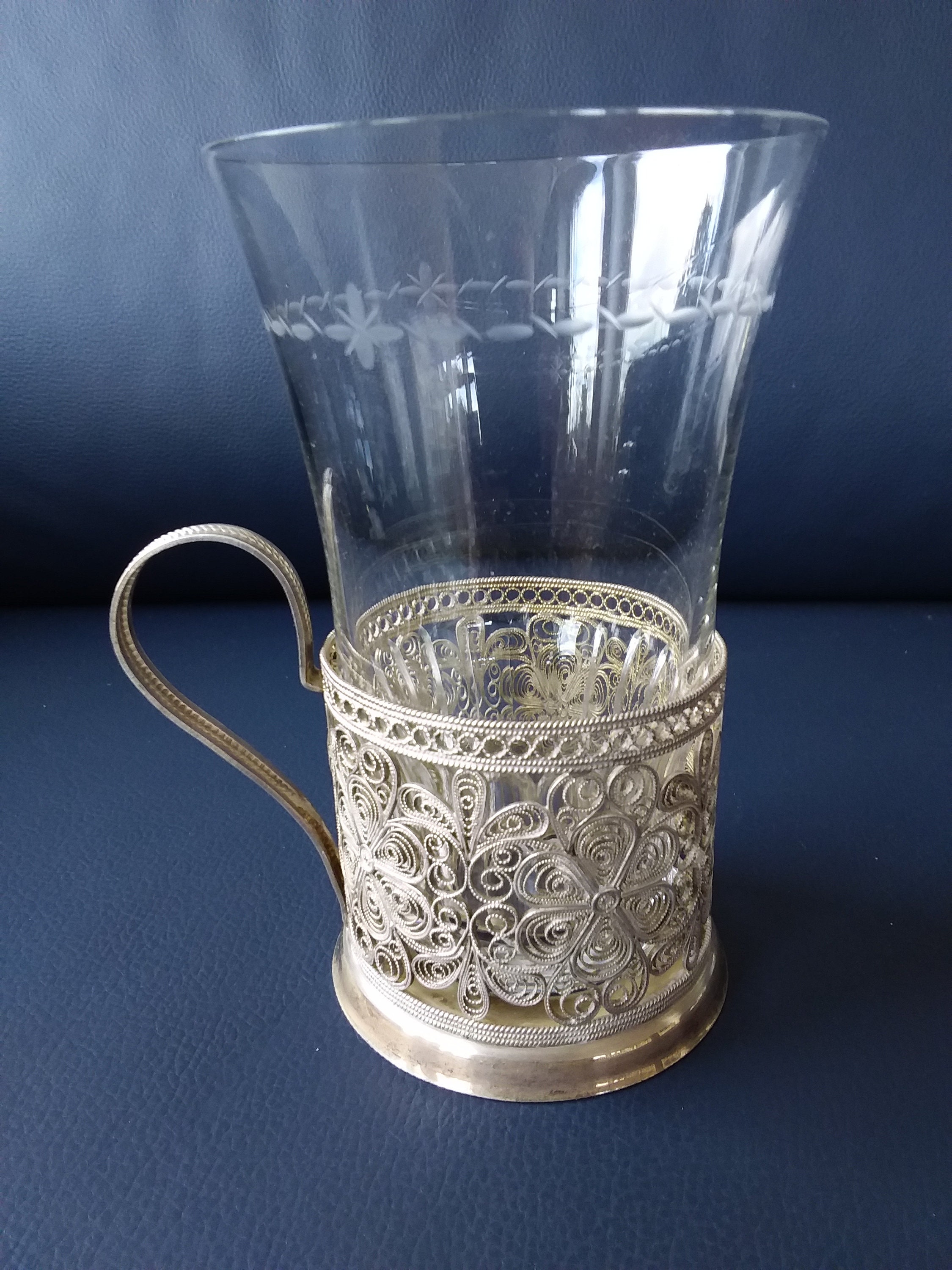 Filigree tea glass holder with original glass podstakannik Etsy