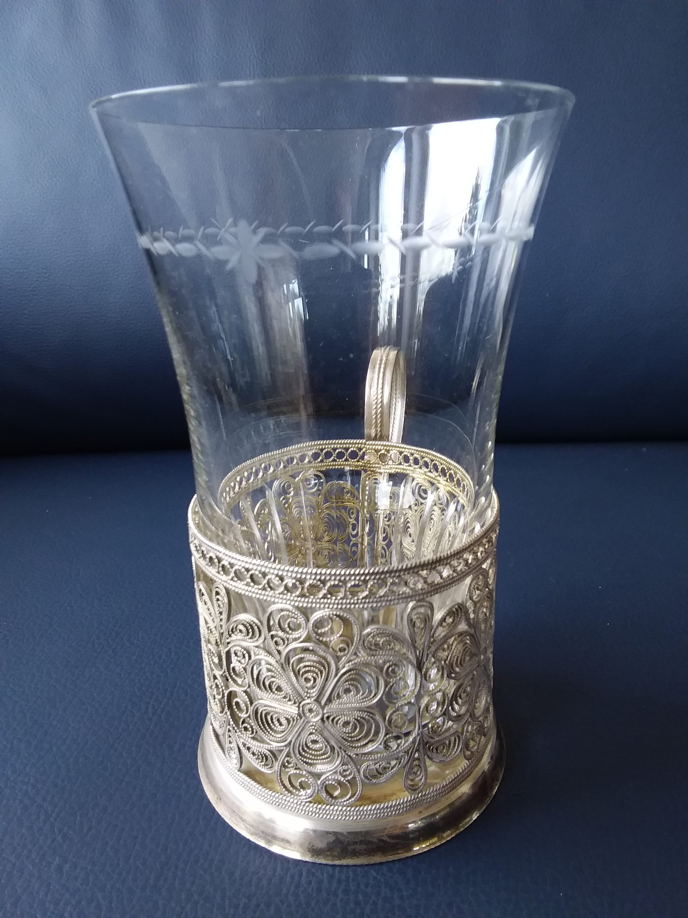 Filigree tea glass holder with original glass podstakannik Etsy
