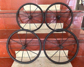 Rare Old Vintage 4 Iron Spoke Victorian Buggy Wheel Carriage Solid Rubber Tyres