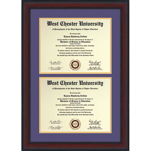 WCU West Chester University double diploma frame, 2 diplomas, husband/wife both WCU grads