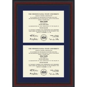May include: A framed diploma from The Pennsylvania State University, College of Business Administration. The diploma is for John Smith, and it is dated December A.D. 2000.
