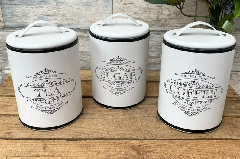 White Tea Coffee Sugar Canisters Etsy