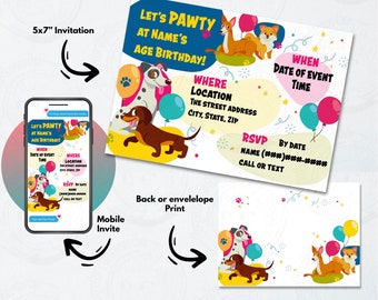 Doggy Theme Birthday Invitation, Dog Theme Party Invite, Digital Download Invitations