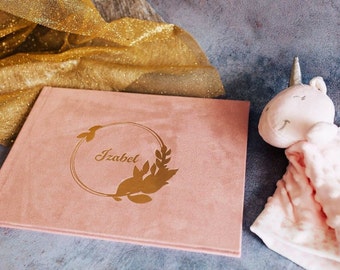 Álbum de fotos de bebé personalizado, tapa aterciopelada, grabado dorado