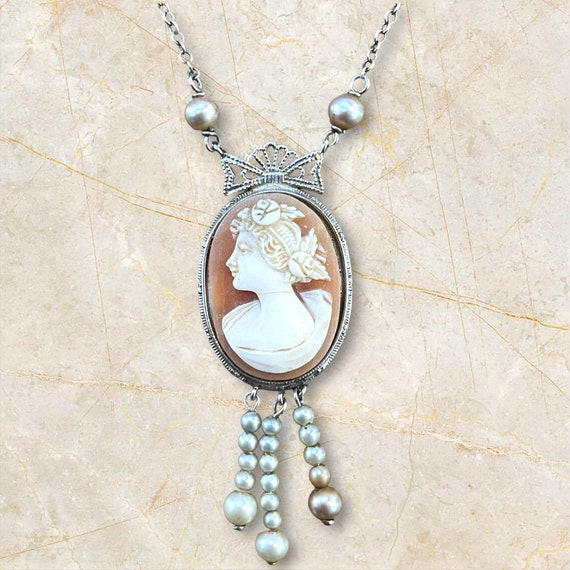 Antique Cameo Necklace in 14k White Gold