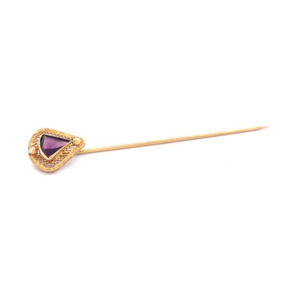 Elegant 14k Yellow Gold Amethyst Fan Shape Pin - image 3