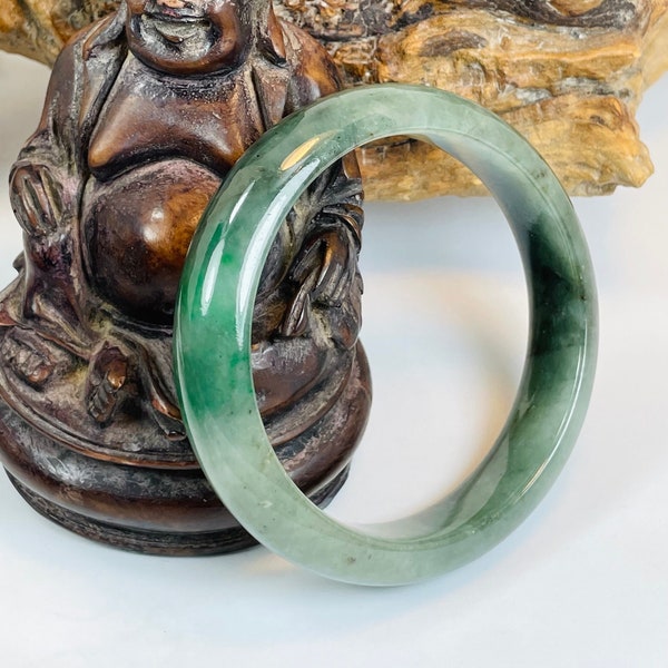 56.2 mm Emerald, Forest, and Imperial Green with Milky White Authentic Untreated Burmese Grade A Jadeite Jade Bangle/Jadeite/MOJ1047