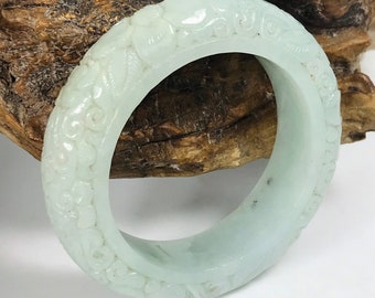 Certified 50.5mm Icy Hand Carved Apple Green with Milky White Untreated Burmese Grade A Jadeite Jade Bangle/Green Jade/Icy Jade/MOJ1030