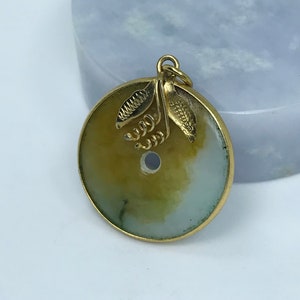 Vintage Icy Golden Honeycomb with Apple Green Jadeite Jade Donut Pendant with Brass Casing Untreated Burmese Grade A /Lucky Pendant/ DP025