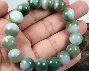 14mm Round Beaded Apple and Emerald Green with Milky White Authentic Burmese Grade A Jadeite Jade Bracelet/Jade Collector/Good Luck/MOJB0030