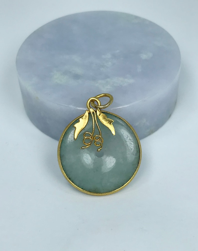 Vintage Icy Apple Green Jadeite Jade Donut Pendant with Brass Casing Authentic Untreated Burmese Grade A JadeLucky PendantJade DP003