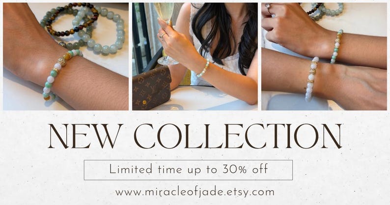 Pode incluir: Imagem promocional mostrando uma nova cole&ccedil;&atilde;o de pulseiras de contas. As pulseiras apresentam v&aacute;rias cores e designs, incluindo jade e outras pedras preciosas. O texto "NEW COLLECTION" &eacute; exibido, juntamente com um endere&ccedil;o de site.
