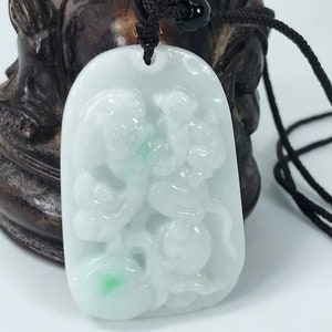 Icy Milky White with Imperial Green Jadeite Jade Year of the Monkey Pendant Untreated Burmese Grade A Jade/Lucky Pendant/PE019