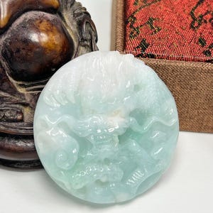 Gemological Certified Hand Carved Icy Apple Green With Milky White Jadeite Jade Lucky Dragon Pendant/Icy Jade/Natural Jade/DPT053