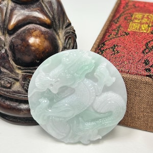 Gemological Certified Hand Carved Icy Apple Green and Lavender Milky White Jadeite Jade Lucky Dragon Pendant/Icy Jade/Natural Jade/DPT054