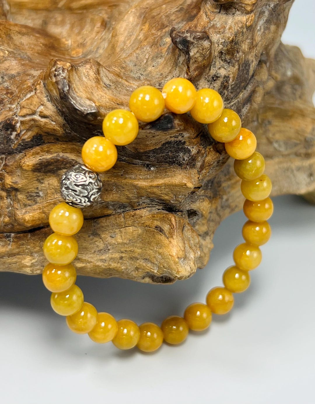 7.5mm Round Beaded Golden Yellow Honeycomb Authentic Burmese Grade A Jadeite Jade Bracelet w/Sterling Silver Center Bead /MOJB0358