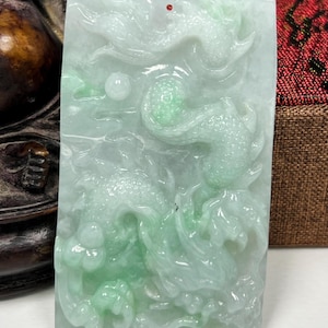 Gemological Certified Hand Carved Icy Apple and Imperial Green w/ Milky White Jadeite Jade Lucky Dragon Pendant/Icy Jade/Natural Jade/DPT059