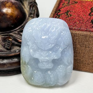 Gemological Certified Hand Carved Icy Lavender w/ Apple Green and Milky White Jadeite Jade Lucky Dragon Pendant/Icy Jade/Natural Jade/DPT055