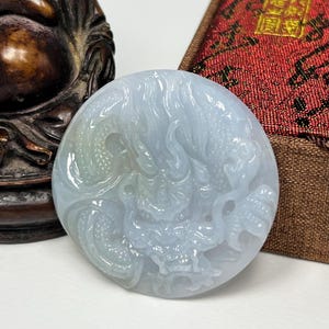 Gemological Certified Hand Carved Icy Lavender and Apple Green W/ Milky White Jadeite Jade Lucky Dragon Pendant/Icy Jade/Natural Jade/DPT051