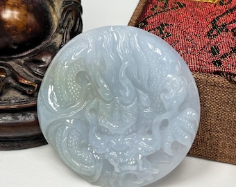 Gemological Certified Hand Carved Icy Lavender and Apple Green W/ Milky White Jadeite Jade Lucky Dragon Pendant/Icy Jade/Natural Jade/DPT051