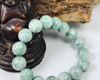 Pulseira de jadeíta birmanesa autêntica de grau A, verde esmeralda com contas redondas de 13,8 mm e branco leitoso / Colecionador de jade / Boa sorte / MOJB0204