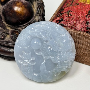 Gemological Certified Hand Carved Icy Lavender and Apple Green W/ Milky White Jadeite Jade Lucky Dragon Pendant/Icy Jade/Natural Jade/DPT050