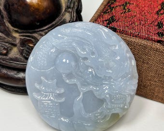 Gemological Certified Hand Carved Icy Lavender and Apple Green W/ Milky White Jadeite Jade Lucky Dragon Pendant/Icy Jade/Natural Jade/DPT050