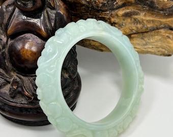 50.7mm Certified Hand Carved Icy Translucent Apple Green with Milky White Untreated Burmese Grade A Jadeite Jade Bangle/MOJT810