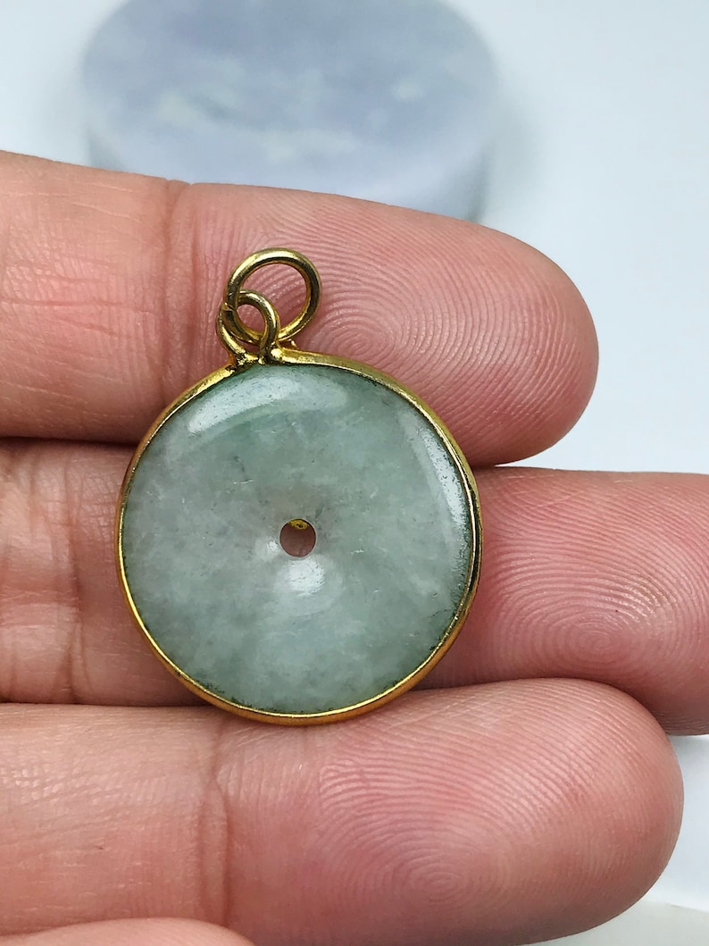 Vintage Icy Apple Green Jadeite Jade Donut Pendant with Brass Casing Authentic Untreated Burmese Grade A JadeLucky PendantJade DP003