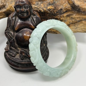 50.7mm Certified Hand Carved Icy Translucent Apple Green with Milky White Untreated Burmese Grade A Jadeite Jade Bangle/MOJT810